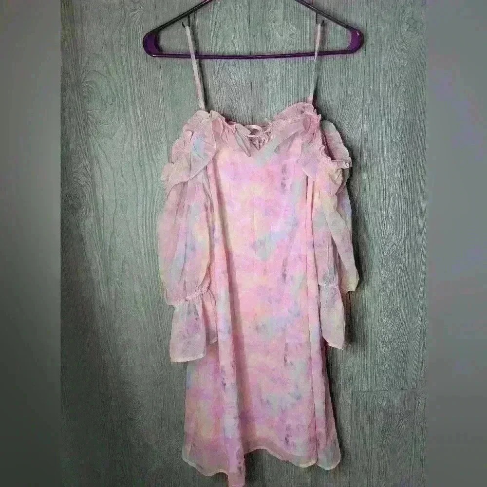 NWT Andre by Unit pastel tye-dyed off the shoulder lined dress in size Large.